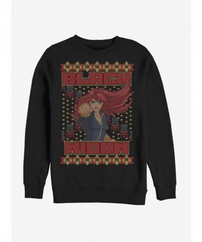 Marvel Black Widow Ugly Christmas Crewneck Sweatshirt - Men's Black