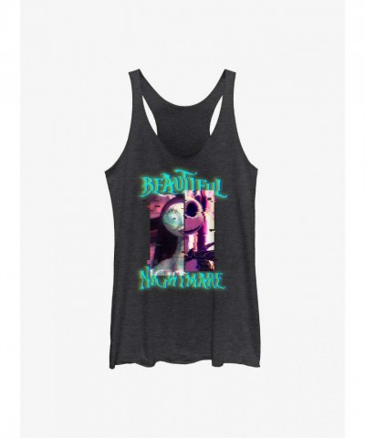 Beautiful Glitchy Jack & Sally Nightmare Before Christmas Girls Tank Top - Heather Black