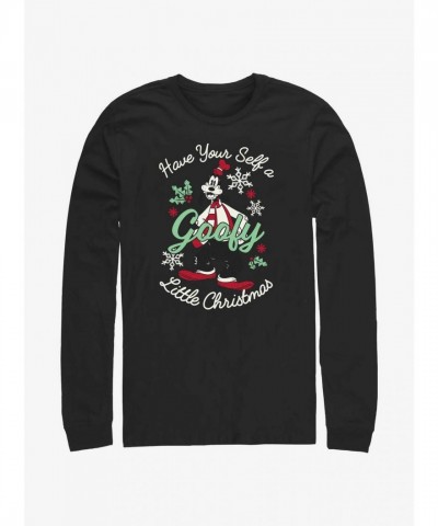 Disney Black Long-Sleeve T-Shirt for Men Featuring Goofy's Little Christmas Design